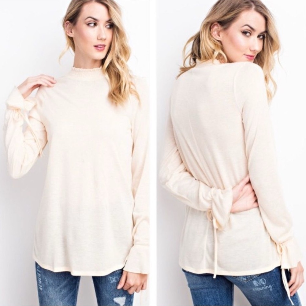 Light peach cream Long Sleeve Top with cuff ties